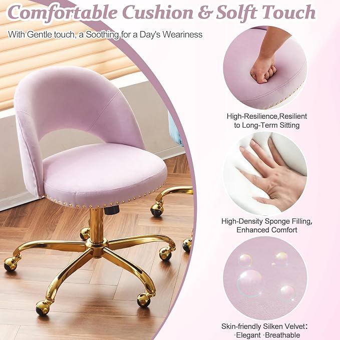 VINGLI Modern Velvet Small Office Chair,Cute Desk Chair With Wheels,Gold Base/Studs,Comfy Armless Swivel Vanity Task Chair For Women/Girl/Kids,Nail Tech Chair For Office,Small Space,Mauve Light Purple