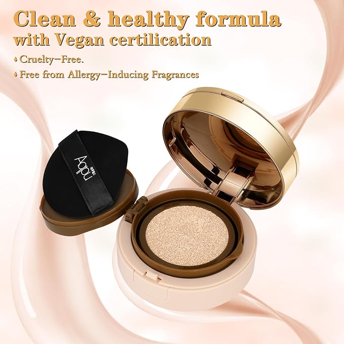 Cushion Foundation, Essential Skin Nuder Cushion, 4-in-1 Triple Layer Korean Skin Care & Face Beauty Makeup, Easy Application for All Skin Types, (Concealer, Cushion Cream, Setting Powder), #01-IVORY