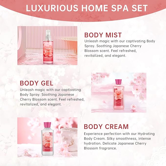 Bath and Body Gift Set – Japanese Cherry Blossom, Travel-Size Spa Kit with Gel, Lotion, Mist & Natural Extracts, Ideal for Birthday, Mother's Day & Christmas Gifts