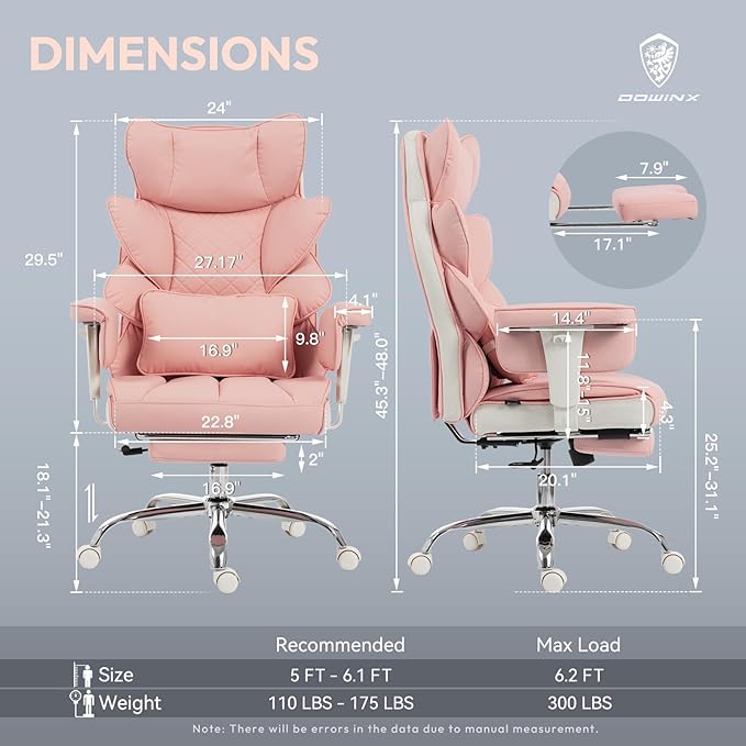 Dowinx Big and Tall Office Chair with Pocket Springs Cushion,High Back Computer Gaming Chairs with Adjustable Armrests,Executive Desk Chairs with Lumbar Support and Footrest,PU Leather-Pink