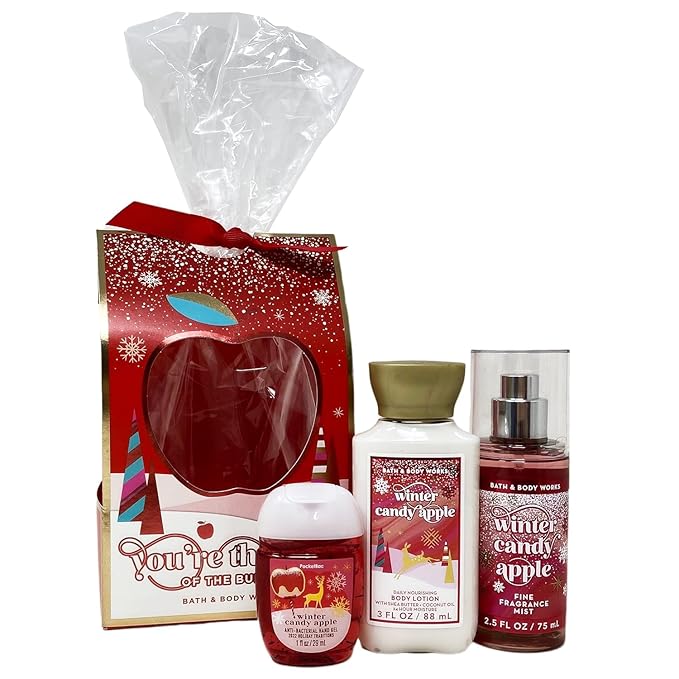 Bath & Body Works Winter Candy Apple Travel Gift Bag Set - Fine Fragrance Mist - Daily Nourishing Body Lotion - Hand Gel - Travel Size