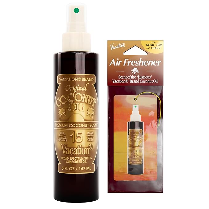 Vacation Coconut Oil SPF 15 & Air Freshener Bundle, Lightweight Sunscreen Oil Spray, Transparent On All Skin Tones, Hydrating & Nourishing, Non-Greasy Finish, 5 Fl. Oz.