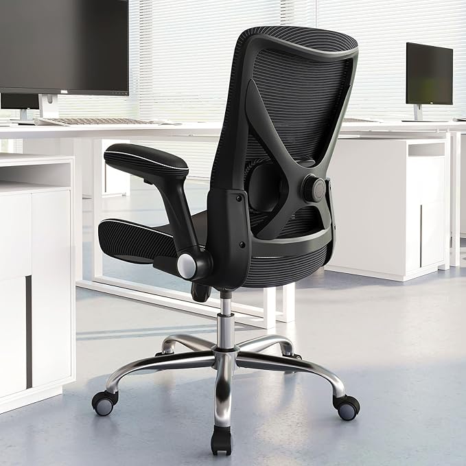 Office Home Ergonomic Desk Chair-Computer X-Shaped Chair Mesh PU Leather with Adjustable Lumbar Support-Executive Chair High Back Flip-Up Arms for Long Hours (Black-No Headrest)