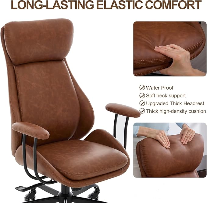 Office Chair, Leather Desk Chair with Rubber Wheels, Ergonomic Computer Chair 500 LBS with Lumbar Support, High Back Executive Chair for Modern Home Office, Brown
