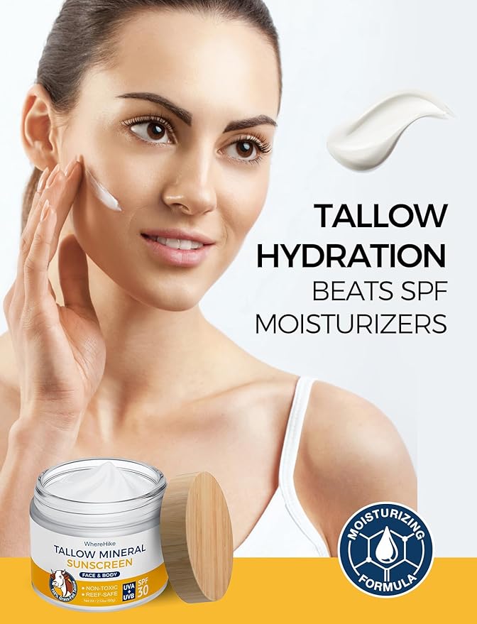 Beef Tallow Sunscreen Organic SPF 30 with Zinc Oxide,Non-Toxic 2-in-1 Moisturizer & Mineral Sunblock | Reef Safe, Chemical-Free,Lightweight, Clean Formula for Sensitive Skin.