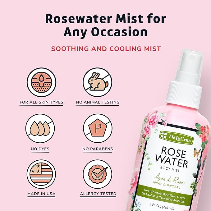 De La Cruz Rose Water Spray, No Parabens or Artificial Colors, Vegan, Made in USA 8 FL. OZ. (2 Bottles)