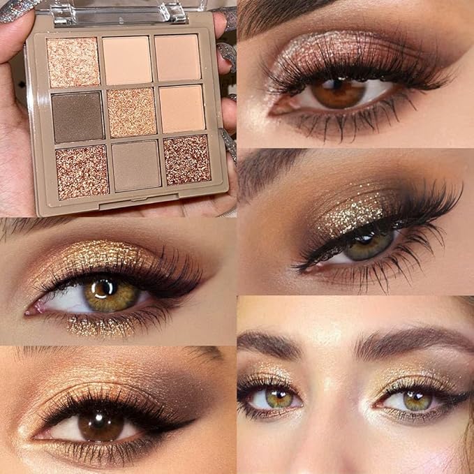 Eye Shadow Palette Makeup,9 Colors Gold Matte Shimmer Vegan Eyeshadow,Long Lasting Waterproof Naturing-Looking make up pallets for women,eyeshadow palette for brown blue eyes