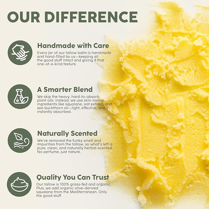 Beef Tallow for Skin - Grass-Fed Tallow Balm with Organic Squalane & Oat Extract | Whipped Face & Body Moisturizer for Extremely Dry Skin, Non-Greasy, Additive-Free, Unscented (1.5oz)