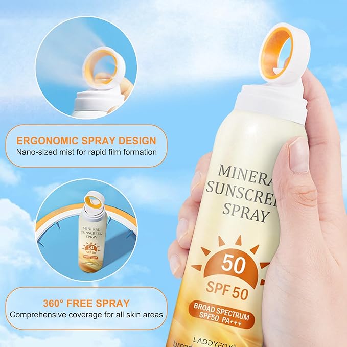 6.76 Fl Oz Mineral Sunscreen Spray SPF 50 PA+++, Broad-Spectrum UVA/UVB Protection, Lightweight and Non-Greasy, Waterproof and sweatproof Sunscreen for Face and Body,