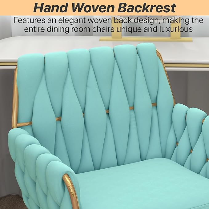 Velvet Modern Home Office Vanity Chair, 360° Swivel Adjustable Height Makeup Desk Chair with Golden Base and Hand Woven Backrest for Bedroom/Study/Vanity (Teal)