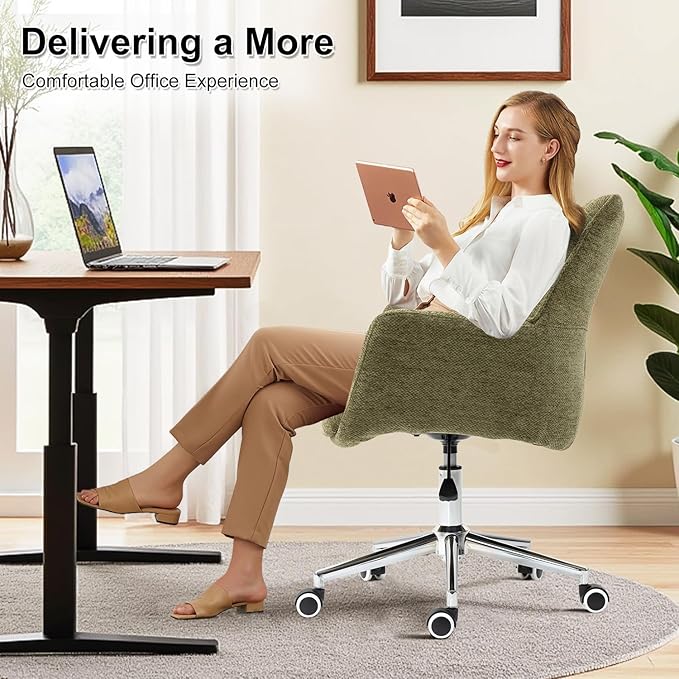 Home Office Desk Chair Swivel Ergonomic Computer Chair with Rolling Wheels, Adjustable Height Accent Armchair Upholstered Chenille for Living Room, Home Office, Study, Make Up, Green