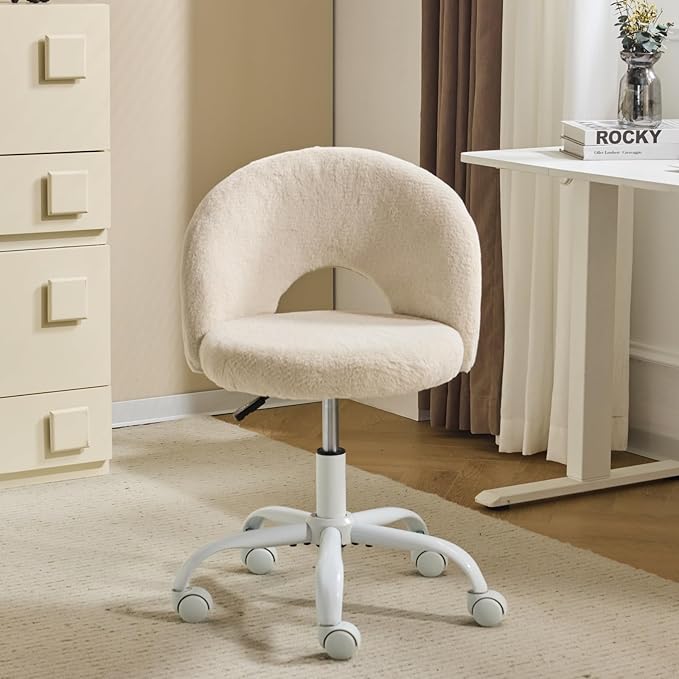 VINGLI Small Vanity Chair with Faux Fur Wheels for Girls,Cute Adjustable Height Armless Office Desk Chair,360°Swivel Comfy Rolling for Study,Make up Room,Small Space,Khaki