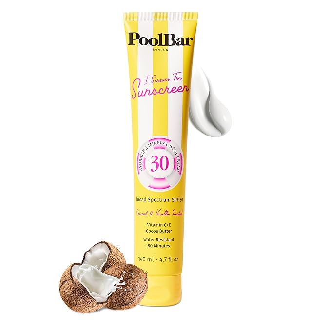 PoolBar SPF 30 Hydrating Mineral Body Sunscreen Cream for Women and Men Skin Care - Coconut Vanilla Scent Sun Care, Vegan and Water Resistant, Broad Spectrum Sunscreen, 140 ml (4.7 Fl. Oz)