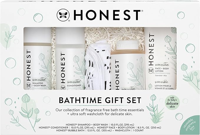 The Honest Company Fragrance-Free Bathtime Gift Set, Hypoallergenic, Bath Essentials for Sensitive Skin, Shampoo and Body Wash, Face Lotion, Bubble Bath, Conditioner, Wash Cloth