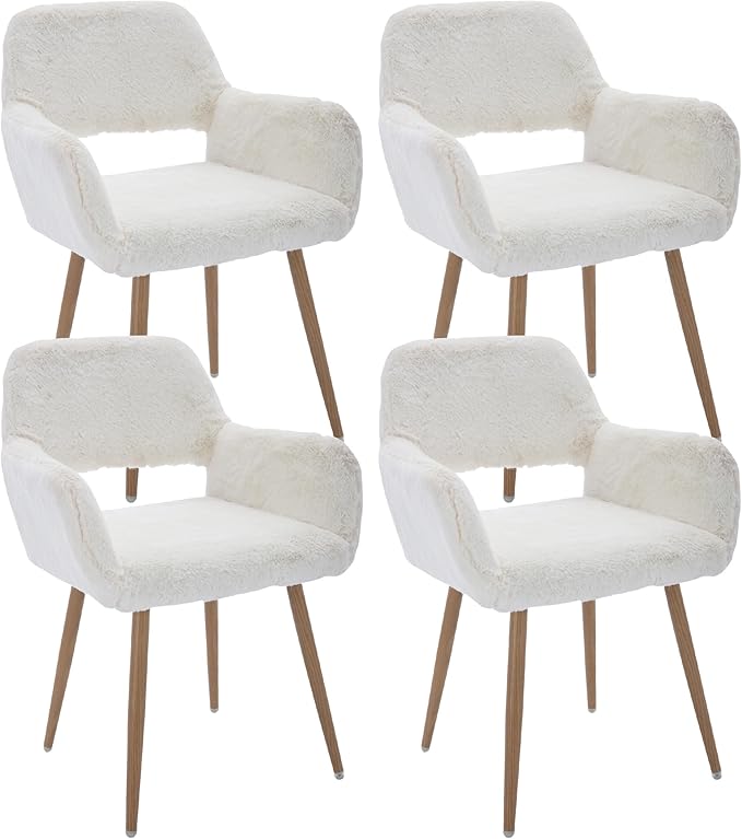 Furry Desk Chair Set of 4, Modern Home Office Chair Without Wheels, Faux Fur Vanity Chair with Hollow Backrest, Comfy Armchair Wood Frame with Strudy Metal Legs, White