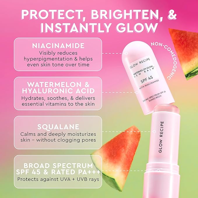 Glow Recipe SPF Dew Balm Sunscreen Stick (0.58 oz) + PHA + BHA Face Toner (40 ml) + Hue Drops Tinted Serum, Bronzer & Highlighter (40 ml)