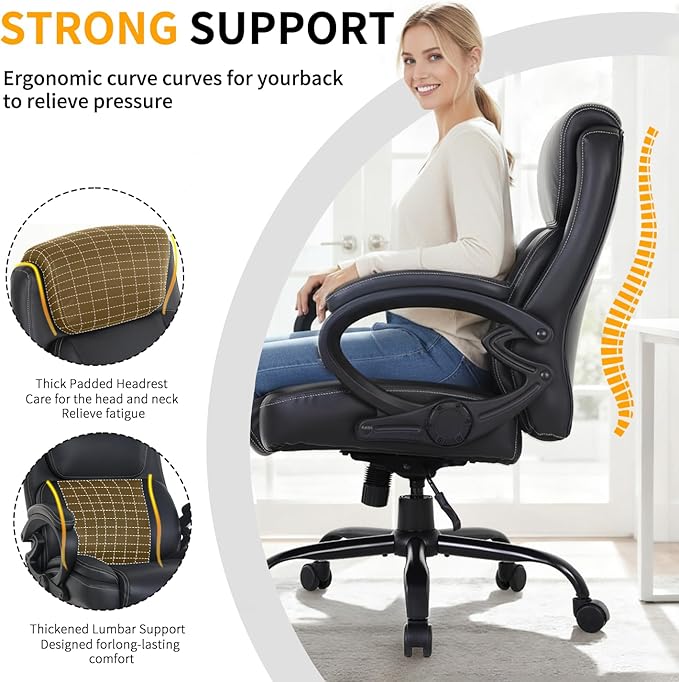 BestOffice Big and Tall Heavy Duty Office Chair 400lbs Wide Seat Ergonomic Computer Desk Chair with Arms and Lumbar Support High Back PU Leather Executive Task Computer Chair for Back Pain, Black