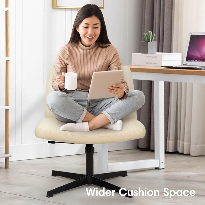 PayLessHere | Criss Cross Chair | Beige | Wide, Armless Desk Chair Without Wheels | 360 Swivel, Height Adjustable & Stable Metal Base | for Office, Home Office, Vanity Seating