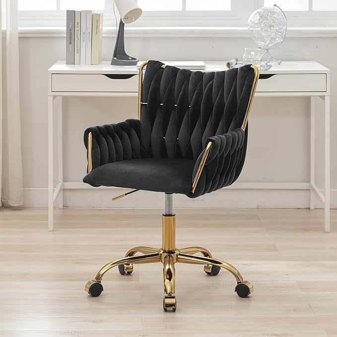 ABET Velvet Desk Chair with Wheels, Cute Upholstered Swivel Office Chair, Modern Gold Rolling Hand Woven Height Adjustable Armchair for Women Girls Home Makeup, Vanity, Nail Salon, Black
