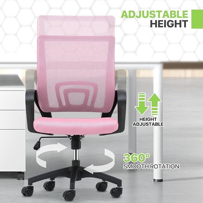 Magshion Ergonomic Office Chair Pack of 2, Mid-Back Mesh Desk Chair, Adjustable Swivel Computer Chair with Lumbar Support & Breathable Backrest for Gaming, Work, Study, 300 Lbs Capacity, Pink