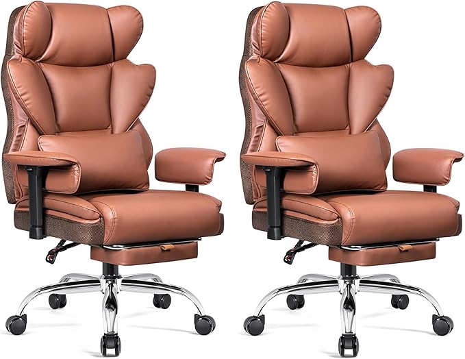Big and Tall Office Chair - 400 LBS High Back Executive Chair with Footrest, Ergonomic Office Chair for Heavy People, Wide Padded Seat Computer Gaming Chair, Brown 2 Pack