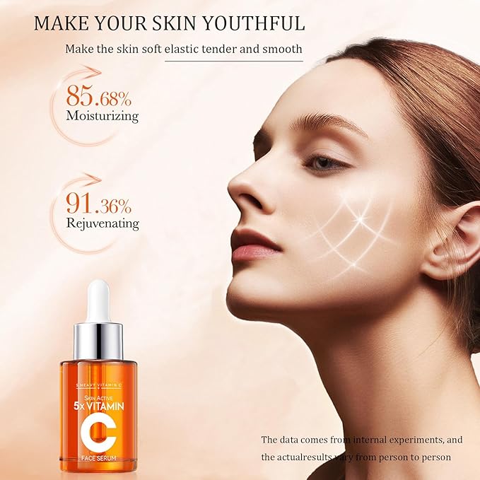 5X Vitamin C Serum for Face 30ml,Hydrating Face Essence,Hyaluronic Acid, Centella For Dull Facial Skin,Uneven Tone,Fine Lines,Pores, Dry Skin, Morning & Evening Skincare Women Gift