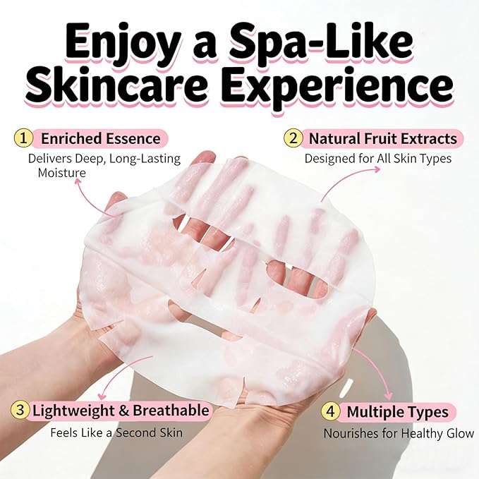 Collagen Face Masks Skincare Bulk,Hydrating Spa Face Mask Beauty for Sensitive Skin,Sheet Mask for Women Skin Care, Facial Mask Sets for Teen Girls (12 Masks Fruits)