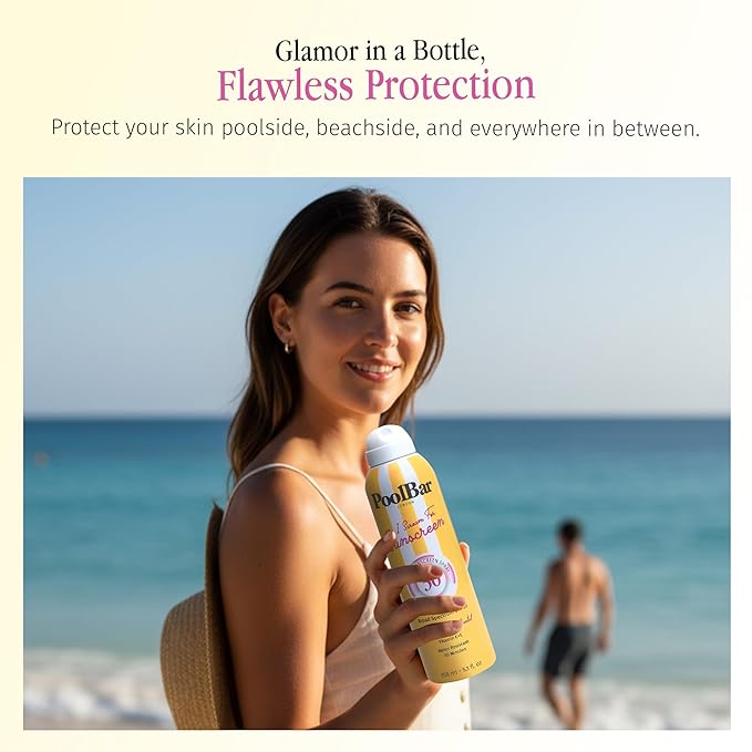 PoolBar SPF 30 Clear Sunscreen Spray – Broad Spectrum UVA/UVB Sun Protection Spray, Lightweight Non-Greasy Formula with Vitamins C and E – Reef Safe, Vegan, Cruelty-Free, Coconut Vanilla Scent