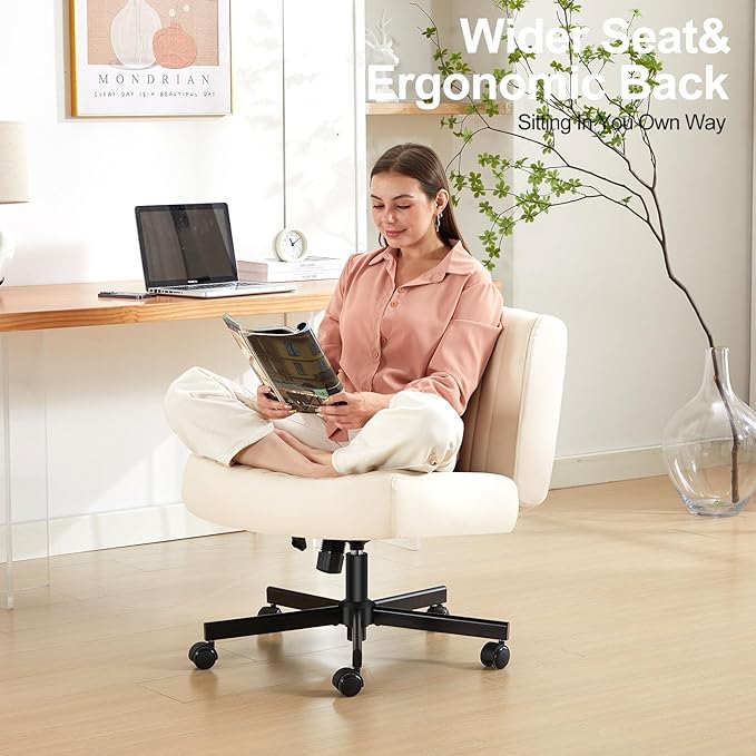 Criss Cross Chair with Wheels,Thick Padded Leather Cross Legged Office Desk Chair with Pocket Spring Cushion,Dual-Purpose Base,Wide Adjustable Computer Home Office Vanity Chair,Beige