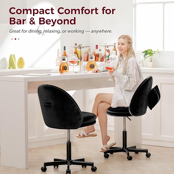 GTPLAYER Velvet Tall Office Chair with Wheels Vanity Chairs with Back, Versatile Height Use: Office to Bar Stools Small Ergonomic Comfy Armlees Computer Desk Chair with Bow Lumbar Pillow for Gift