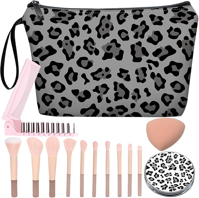 Personalized Small Black and gray leopard print on gray background Makeup Bag Set with Mirror,Bride Bridesmaid Cosmetic bag with10 pieces brush kit,Birthday Gifts for Women Mom Best Friend