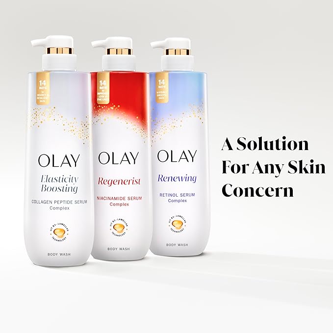 Olay Body Wash for Women, Elasticity Boosting, Collagen Peptide Serum Complex, Renews Moisture, Free of Parabens & Phthalates, Vitamin B3 Lameller Technology, For All Skin Types, 20 fl oz