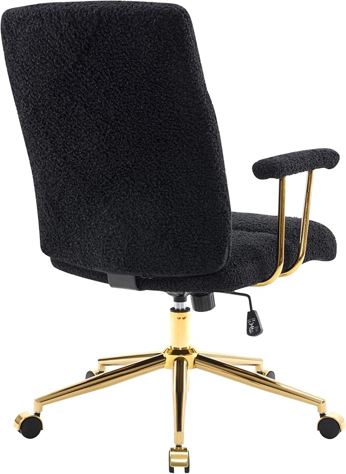 Elegant Black and Gold Office Chair with Textured Boucle Fabric, Modern Desk Chair with Padded Seat, Height Adjustable with Durable Gold Base