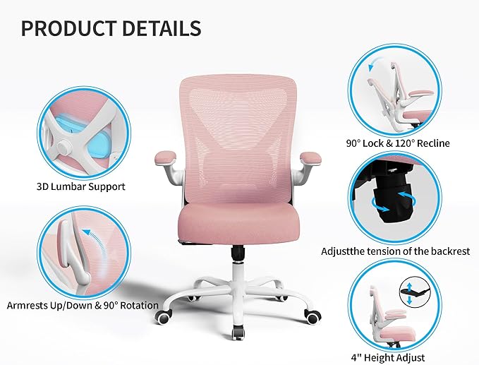 Office Chair Ergonomic Desk Chair Comfy: 330LBS Mesh Computer Chair Ergonomic Gaming Chairs with Wheels Adjustable Lumbar Support and Flip up Armrest-Swivel Executive Chairs Long Hours(Light Pink)