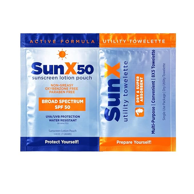 CoreTex Sun X 50 Broad Spectrum Sunscreen Packets & Dry Towels Duo Kit - Pack of 25 Paraben, Oxybenzone, Octinoxate, & Oil Free Sunscreen - No White Cast and Water Resistant Up to 80 Minutes