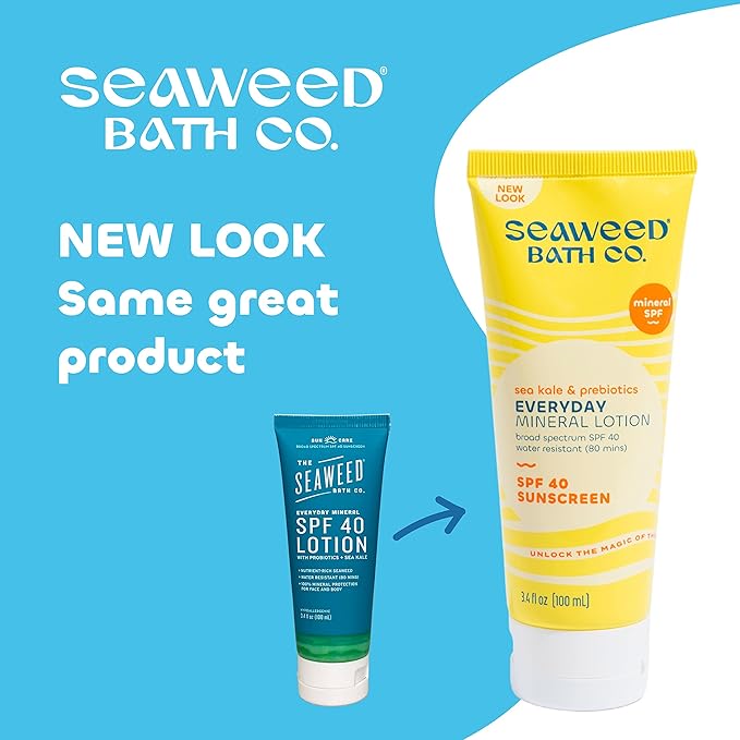Seaweed Bath Co. Everyday Mineral SPF 40 Broad Spectrum Sunscreen Lotion, 3.4 Ounce, Sustainably Harvested Seaweed, Sea Kale, Prebiotics (Pack of 2)