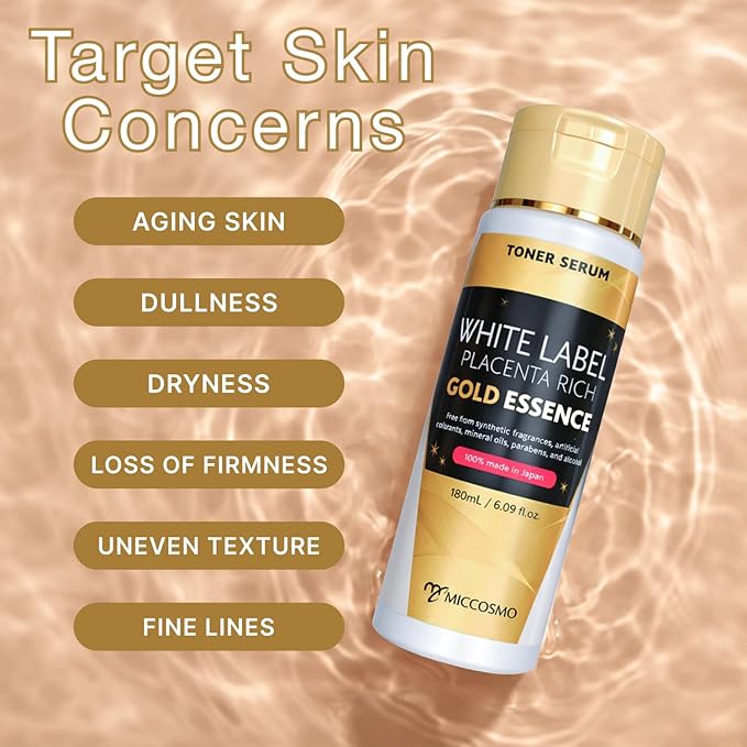WHITE LABEL Placenta Rich Gold Essence 180ml | 3x Concentrated Placenta & Hydrating Japanese Toner | With Hyaluronic Acid, Collagen & Ceramide for Aging & Dull Skin