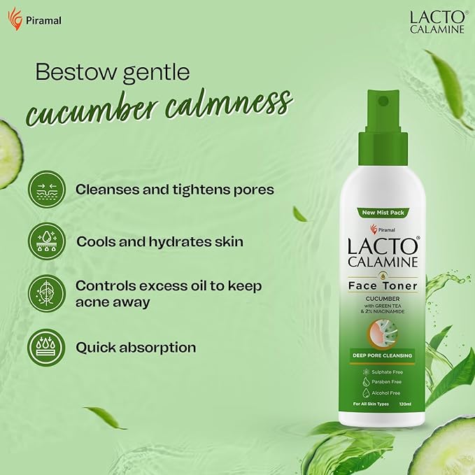 Lact'o Calamin'e Face Toner with Cucumber | 120ml | Deep Pore Cleansing | Open Pores Tightening with Green Tea & 2% Niacinamide for Cool & Hydrated Skin | No Sulphate, No Alcohol, No Parabens