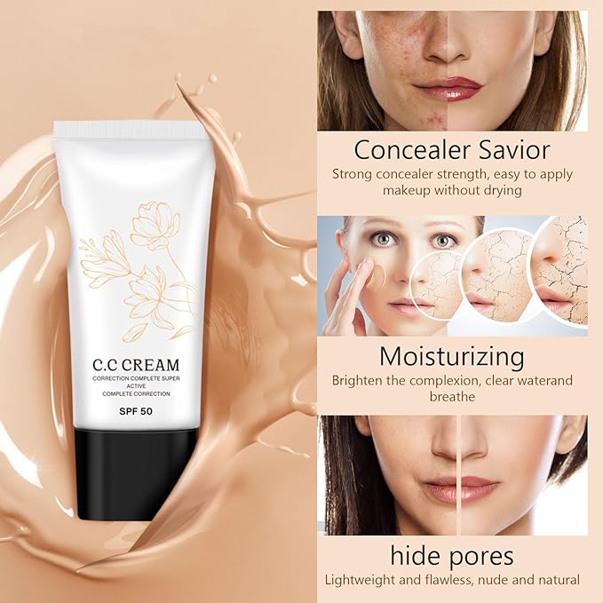 Korean Cc Cream Self Adjusting for Mature Skin, Cc Cream Tinted Moisturizer with Spf 50 Full Coverage, Organic Cc Cream Sunscreen Foundation and Concealer for Face and Body Color Correcting (2PCS)