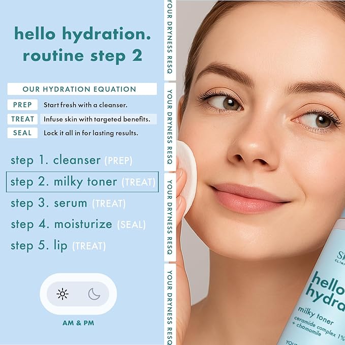 Skin ResQ by Petal Fresh Hello Hydration Milky Toner, Hydrating Facial Toner with 1% Ceramide Complex and Chamomile, Fragrance Free Moisturizing Toner for Dry Sensitive Skin, Made in Korea, 8 oz