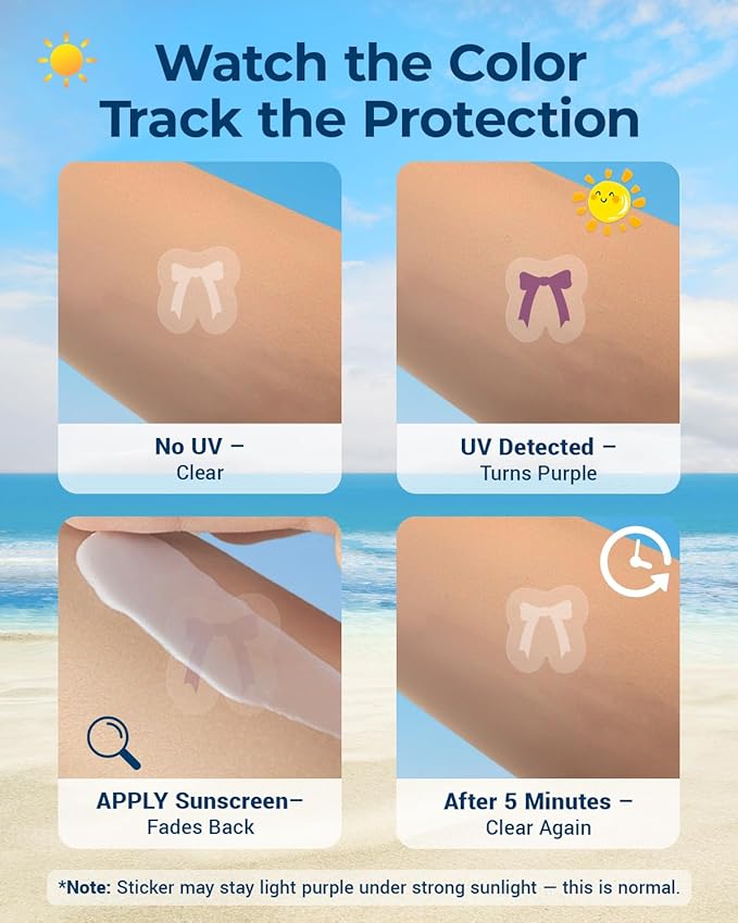 80 Pack UV Detection Stickers for Sunscreen Bow Pattern - Sun Protection Reminder for Kids Baby Adults - Waterproof Sunscreen Dots UV Patch Sunblock SPF Sensing Spots Patches for Reapplying Reminder