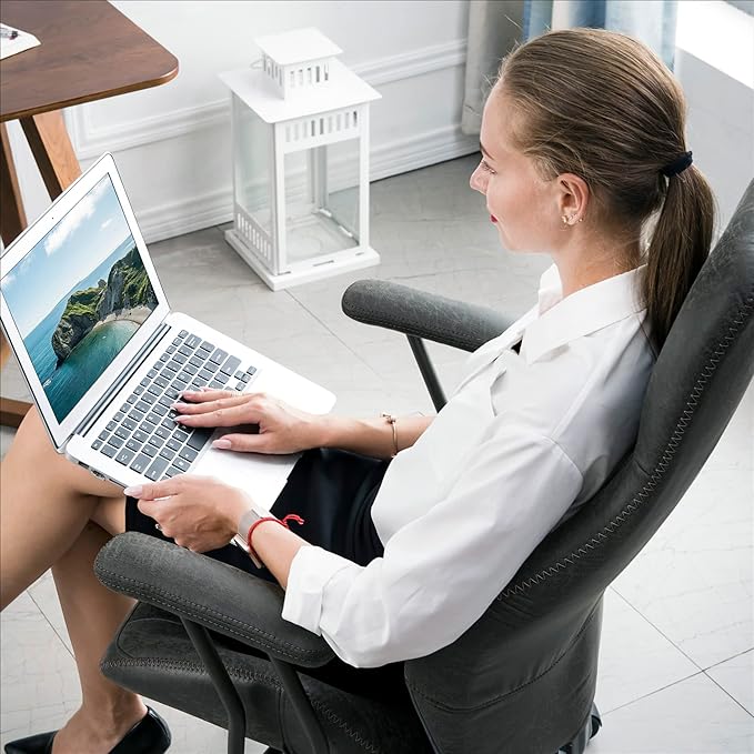 ovios Ergonomic Office Chair, High Back Faux Leather Executive Chairs with Armrests, Comfy Mid-Century Modern Swivel Rolling Computer Armchair (Dark Grey, Suede Leather)