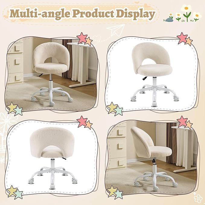 VINGLI Small Vanity Chair with Faux Fur Wheels for Girls,Cute Adjustable Height Armless Office Desk Chair,360°Swivel Comfy Rolling for Study,Make up Room,Small Space,Khaki