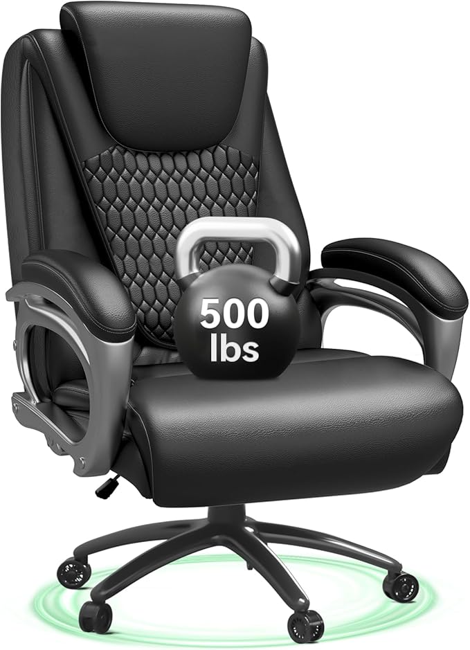 Vogue Furniture Direct Big and Tall Office Chair 500lbs, Heavy Duty High Back PU Leather Desk Chair, Adjustable Height Rolling Wheels Computer Chair for Home Office Work (Black)