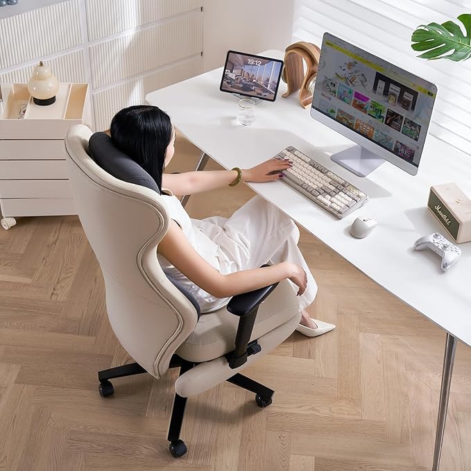 EMIAH Ergonomic Office Chair with Foot Rest Reclining Office Chair with Adjustable Arms and Headrest High Back Gaming Chair with Lumbar Support, PU Leather(Beige)