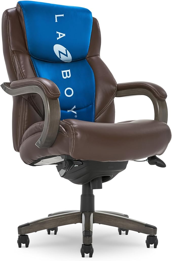La-Z-Boy Delano Big and Tall Executive Office Chair - Ergonomic Lumbar Support Memory Foam - Bonded Leather Desk Chair for Home Office - Weathered Gray Wood Arms - Brown