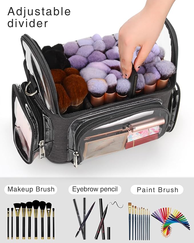 Makeup Brush Bag, Clear Makeup Brush Holder Professional Makeup Artist Travel Case Waterproof Cosmetic Organizer Bag, Full Open Easy to Access, with Adjustable Shoulder Strap and Dividers