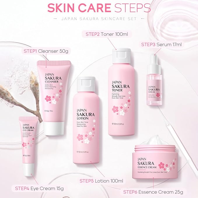Skin Care Sets for Teenage Girls, Sakura Skin Care Sets & Kits Women Beauty Gift Set with Cleanser, Mud Mask, Toner, Serum, Eye Cream, Facial Cream, and Sunscreen, Birthday Gift for Women and Girls