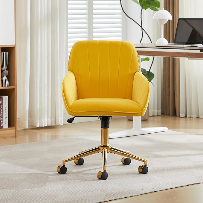 Velvet Home Office Desk Chair, Modern Cute Computer Task Chair with Back, Height Adjustable Upholstered Vanity Chair with Swivel Wheels for Women, Girls (Gold Base, Lemon Yellow
