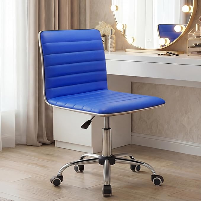 Furmax Vanity Office Desk Chair with Wheels, Armless Small Cute Leather Makeup Computer Task Chair Adjustable Height 360° Swivel (Blue)